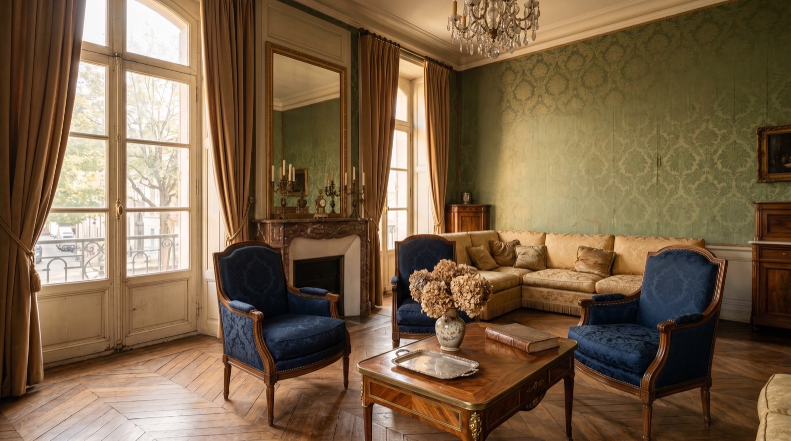 Salon haut de gamme avec fauteuils bergères restaurés par l'Atelier Mike Neuville
